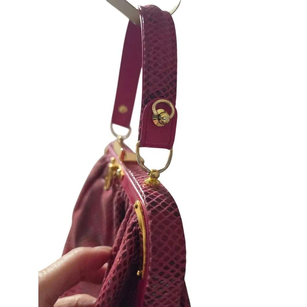 Vintage Style Magenta Faux Snakeskin Frame Handbag Gold Hardware Top Handle Bag